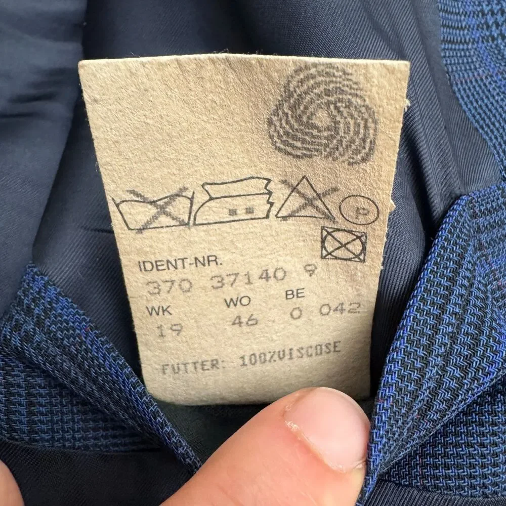 Vintage 80s Boss Hugo Boss Corleone Wool Suit Blazer Jacket Mens 38S Blue Plaid